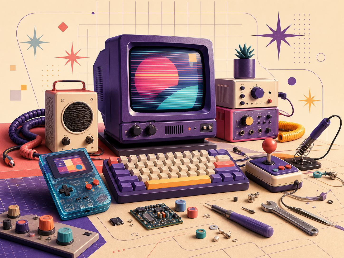 A colorful collection of retro-inspired computers, game controllers, electronics, and maker tools